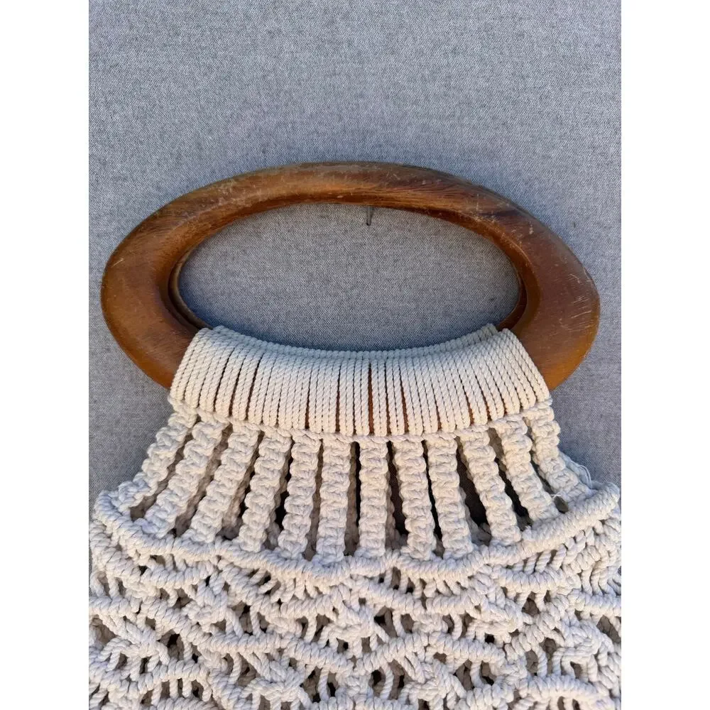 Vintage Macramé Handbag Wooden Handle Boho Ivory Rope Purse Unbranded